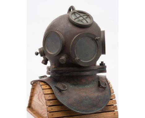 A German 3-bolt DM.20/40 diving helmet by Draeger:, riveted handle to top , four circular observation windows, the top window