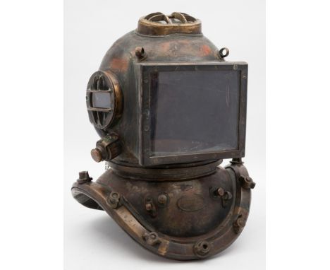 A 12-bolt square faced diving helmet by A J Morse & Co, Boston:, number '3223' (matching), the top and side windows with bras