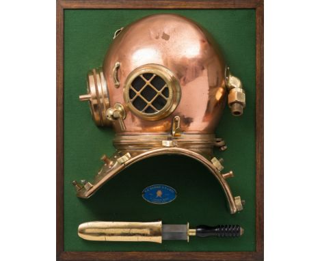 A display mounted half section 12-bolt square corselet helmet by C E Heinke & Co Ltd, London, and a Siebe Heinke divers knife