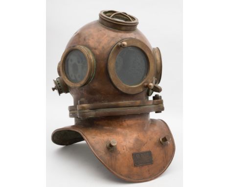  A German 3-bolt diving helmet by FR Flohr, Kiel:, four observation windows , the top window with guard, wing-nut spitcock, s