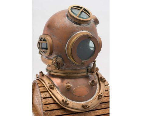 A 12-bolt Mk V diving helmet by Siebe Gorman & Co, London:, number '19422', (matching) the oval side windows and guards rotat