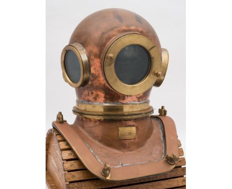 A Russian 6-bolt diving helmet with square corselet:, circular side and front window, rear air intake and air outlet, interio