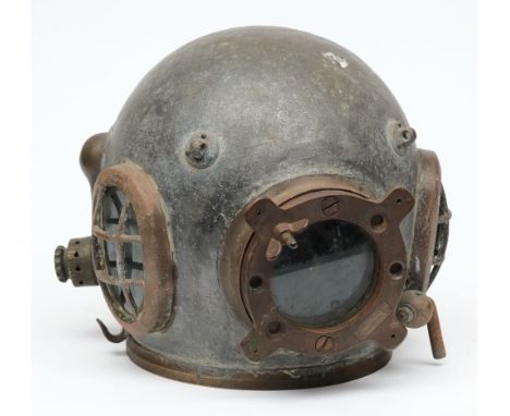 An Admiralty pattern diving bonnet by Siebe Gorman:, numbered '17439', the side windows with guards stamped '68' and '022' to
