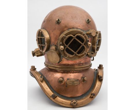 A 12-bolt commercial diving helmet by A J Morse & Son , Boston:, number '3362' (matching), triple circular windows with guard