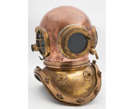 A 12-bolt rounded brass corselet diving helmet by Siebe Gorman & Co, London: numbered '19018' (matching) oval side windows wi