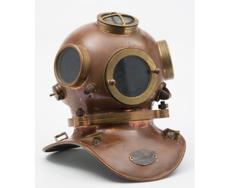 A 3-bolt rebreather diving helmet by Siebe Gorman & Co Ltd, London:, four circular observation windows, the top window with g