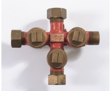 A brass triple air line connector by Siebe Gorman & Co, London:, with three square section taps, stamped to centre 'SG' and w