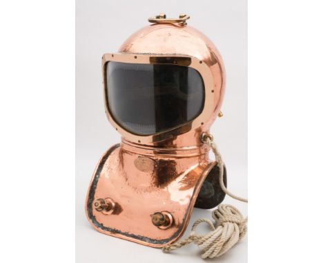 A shallow water diving helmet by Morse Diving Equipment Company Inc, Boston, USA:, number '6409', folding brass handle to top