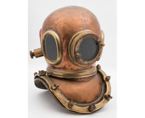 A Chilean 12-bolt diving helmet:, unsigned, the oval side windows without guards, circular front window, side outlet with hea