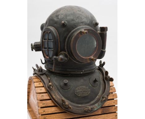 A 12-bolt diving helmet with patent speaking apparatus by Siebe Gorman & Co, London; numbered '6322':, oval side windows with