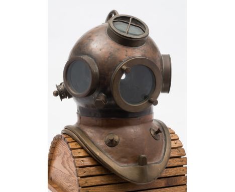 A Danish 2-bolt conversion of a Drager Diving helmet:, the DM 20 pattern bonnet with riveted handle, circular observation win