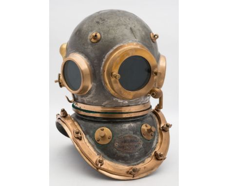 A 12-bolt tinned finish diving helmet by Siebe Gorman & Co, London:, number '17577' (matching), circular side and front windo