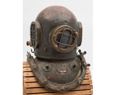  A 12-bolt commercial diving helmet by A J Morse & Son, Boston, Mass:, oval side windows with guards, circular front window w