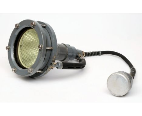 A Russian diver's hand lamp:,  grey painted alloy body with rubber handle and aluminium cap to connector, 20cm diameter.

* s