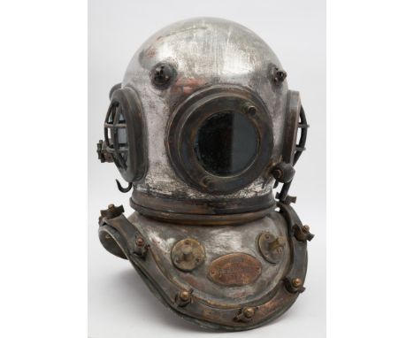 A reproduction 12-bolt diving helmet in the manner of Siebe Gorman & Co:, oval side windows with guards, circular front windo