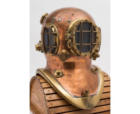  A Danish 2-bolt diving helmet:, numbered 'H 12/40', oval side windows with guards hinged oval front window with guard, cappe