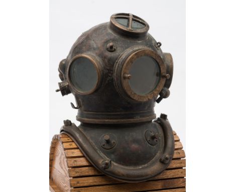 A 6-bolt diving helmet by Siebe Gorman & Co,London:, numbered '15383' to corselet, four circular observation windows, the top