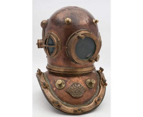 A 12-bolt diving helmet by Galaezzi, Italy:,  circular windows with guards to the sides, , lashing eyes to front, knurled spi