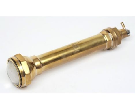 A  brass diver's torch by Siebe Gorman & Co Ltd, London:, convex lens with threaded bezel, signed to case, half turn lever op