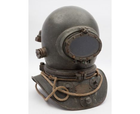 A 3-Bolt lightweight utility diving helmet by Siebe Gorman & Co, London:, single oval drop down window, rear air intake and c