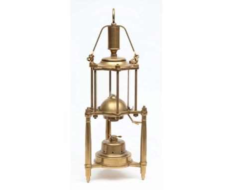 A brass reproduction of an underwater oil lamp after Louis Denayrouse:, based upon the 1873 design, the swing handle over duc