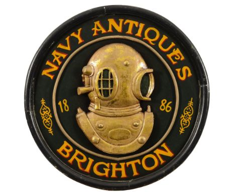 Two hand carved and painted diving helmet advertising boards:, .