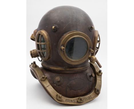 'A 12-bolt diving helmet by Siebe Gorman & Co, London:, the brass bonnet with oval side windows and guards, the circular fron