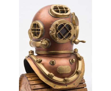 A full scale fibreglass reproduction of an A Schrader & Son Inc Mk V US Navy Standard diving helmet:, with static fixtures, 4