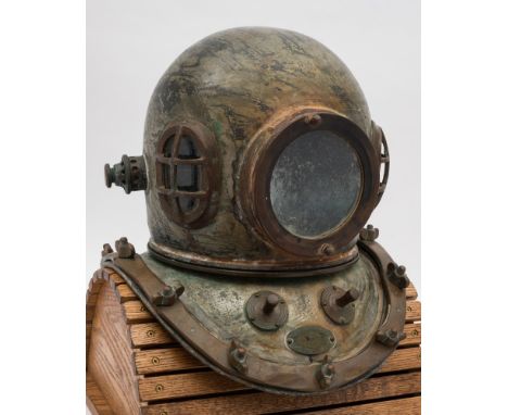 A Korean 12-bolt diving helmet by Pusan:, oval side windows with guards, circular face plate, rear air intake with non-return