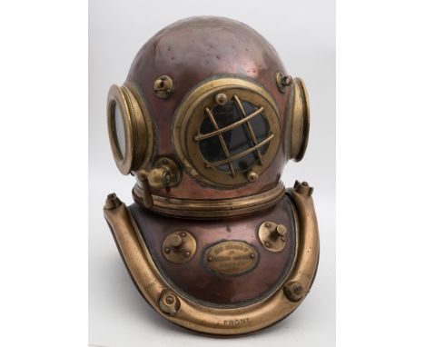 A 6-bolt diving helmet by Siebe Gorman & Co, London:, number '2355' (matching), circular unguarded side windows, the front wi