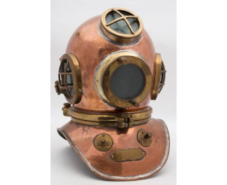 A 3-bolt shallow water harbour hat by Siebe Gorman:, the circular top and oval side windows with guards, circular front windo