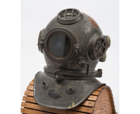  A 3-bolt shallow water diving helmet by Siebe Gorman & Co, London:, the circular top and side windows with guards, hinged fr