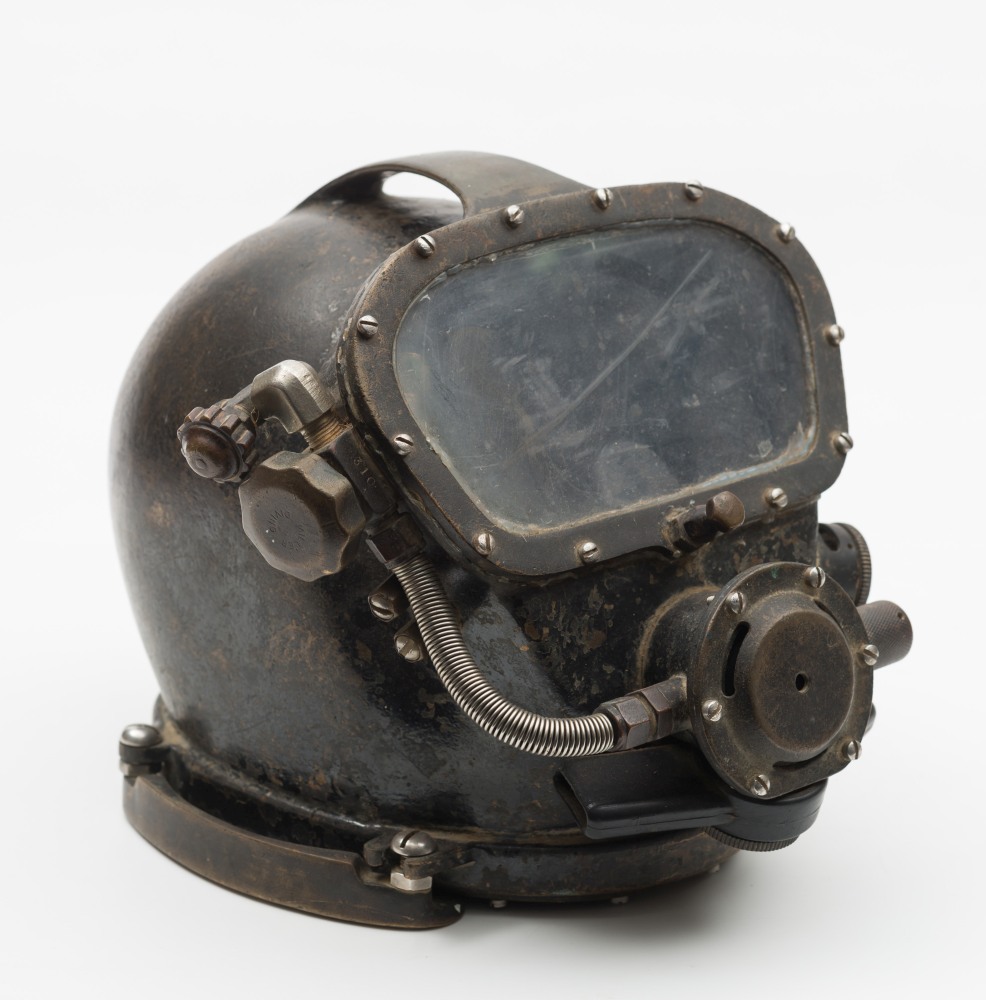 A Miller Series 400 cast bronze diving helmet, the black painted