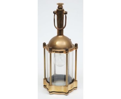 A Swedish hand lantern:, the suspension loop over plain handle and domed cover with six bar frame, clear glass shade and glas