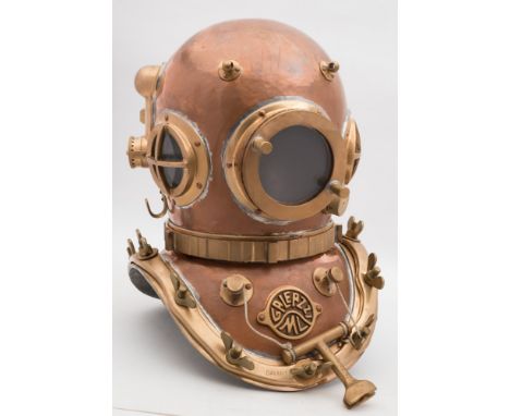 An Italian 12-bolt diving helmet with locking ring collar by Galeazzi:, circular side and front windows, the former with guar