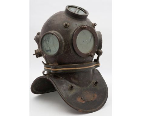 A Continental style 3-bolt diving helmet by Siebe Gorman & Co, London:, four circular observation windows with guard to the t