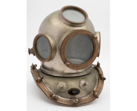 A Japanese 12-bolt diving helmet by TS Yokohama Diving Apparatus Co Ltd:, circular windows, side outlet with head button, rea