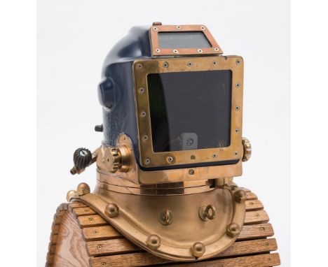 A Swindell fibreglass diving helmet with brass 12-bolt corselet:, shaped top and square front windows, side inlet and outlet 