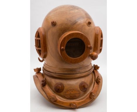 A full size carved wooden replica of a 12-bolt diving helmet after Siebe Gorman & Co by Seahorse Enterprises:,number '005' ov