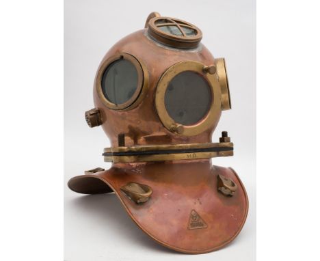 A German 3-bolt diving helmet by Drager/Haganuk:, the Haganuk bonnet with riveted handle and guarded top window, circular sid