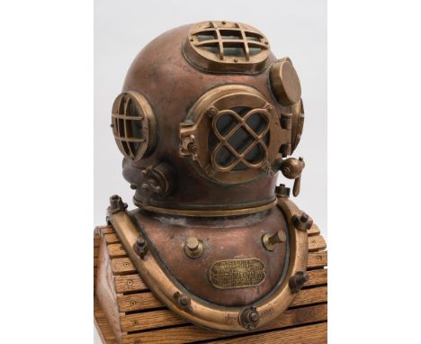 A US Navy Mk V MOD-1 12-bolt diving helmet by  A Schrader's & Son, Brooklyn, NY, USA:, number '798B', oval top window with gu