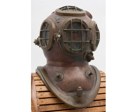  A Danish 2-bolt diving helmet:, number 'DG116' (matching) oval top and side windows with guards, hinged oval front window al