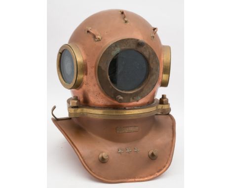 A Russian 3-bolt diving helmet circa 1961:, circular windows, with three lashing ties above the front window, rear air inlet 