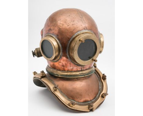  A Chilean 12-bolt diving helmet:, unsigned, triple circular windows, side outlet with head button , rear air inlet, plain co