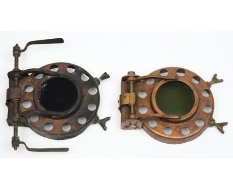 Two diving helmet welding visor clamps:, both with butterfly retaining clips and hinged visor, 21cm wide (2).

* see page 180