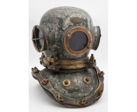 A Swedish 12-bolt/4-bolt diving helmet by Erik Andersson, Stockholm:, circular side windows with guards, later replacement fr