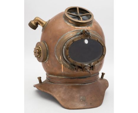 A copper and brass one -piece mine recovery diving helmet:, number '0367', circular top window with guard, drop down oval fro