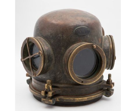A Swedish 4- bolt diving helmet by Emil Carlsson & Son , Stockholm:, circular front and side windows, the latter with guards,