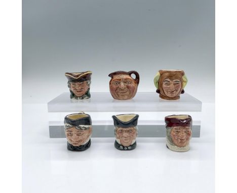 A set of 6 tiny figural jugs commemorating the traditional Staffordshire jugs by Charles Noke in 1934. Includes Dick Turpin (