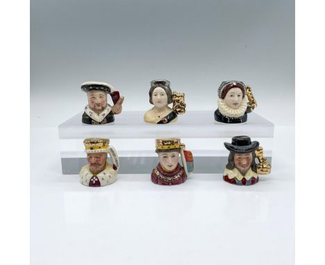 A set of 6 hand painted tiny figural jugs of Kings and Queens of the Realm. Includes Henry VIII (D6990); Victoria (D6991): El